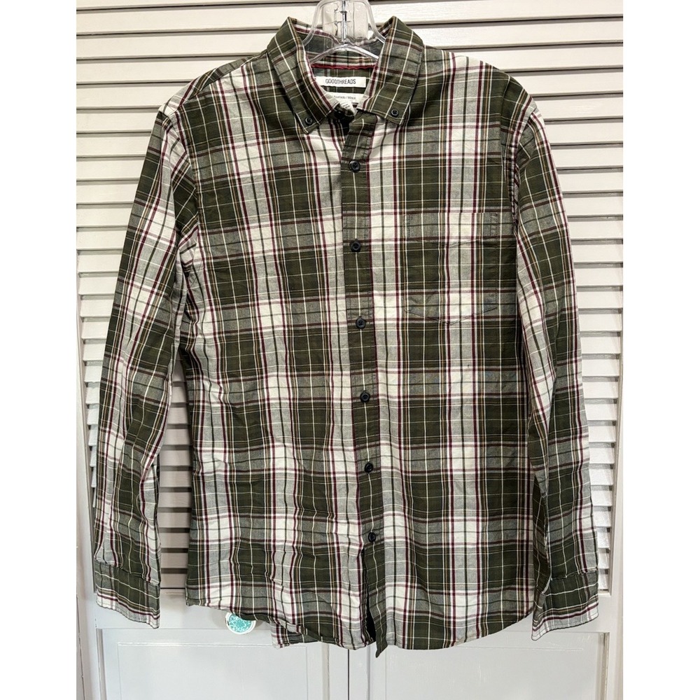 Good Threads‎ Slim Fit Long Sleeve Button Up Shirt Size M Green/White Plaid EUC